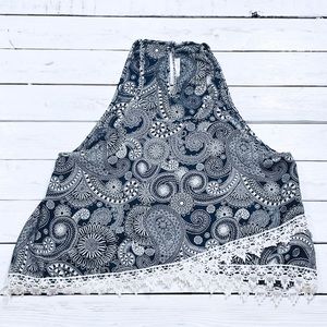Sarah La Blue and White Flower Halter Top Crochet Lace Trim Women Size Large